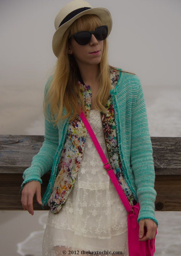 Forever 21 white lace dress, Zara floral bomber jacket, Zara knit jacket, southern California fashion blog, Los Angeles street style