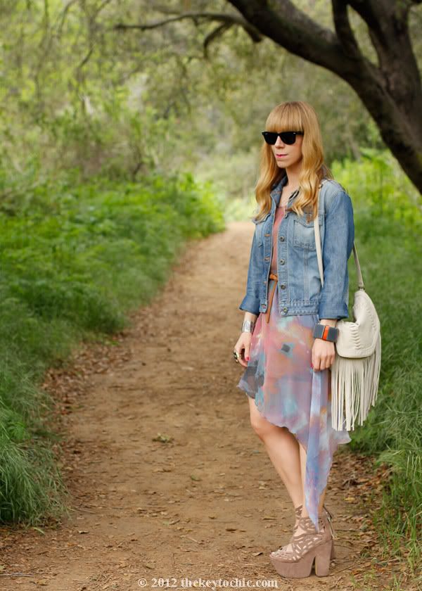 denim jacket, galaxy print dress, Michael Antonio Gallista heels, Los Angeles fashion blog, southern California street style