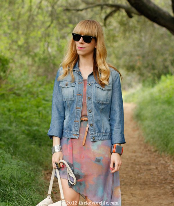 denim jacket, galaxy print dress, Los Angeles fashion blog, southern California street style