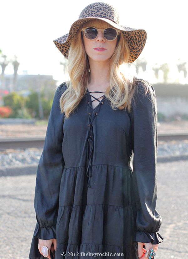 Nasty Gal black dress, leopard print floppy hat, fringe handbag, southern California style, Los Angeles fashion blogger