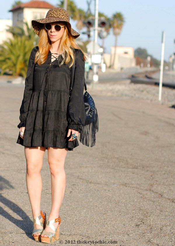 Nasty Gal black dress, leopard print floppy hat, fringe handbag, boho style, Nasty Gal style, southern California style, Los Angeles fashion blogger