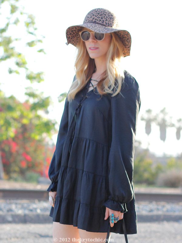 Nasty Gal black dress, leopard print floppy hat, fringe handbag, southern California style, Los Angeles fashion blogger