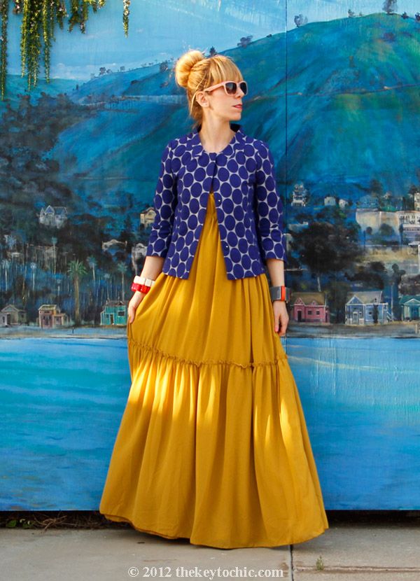 Marni at H&M blue dot jacket, Gypsy Junkies maxi dress, Los Angeles fashion blog, California street style