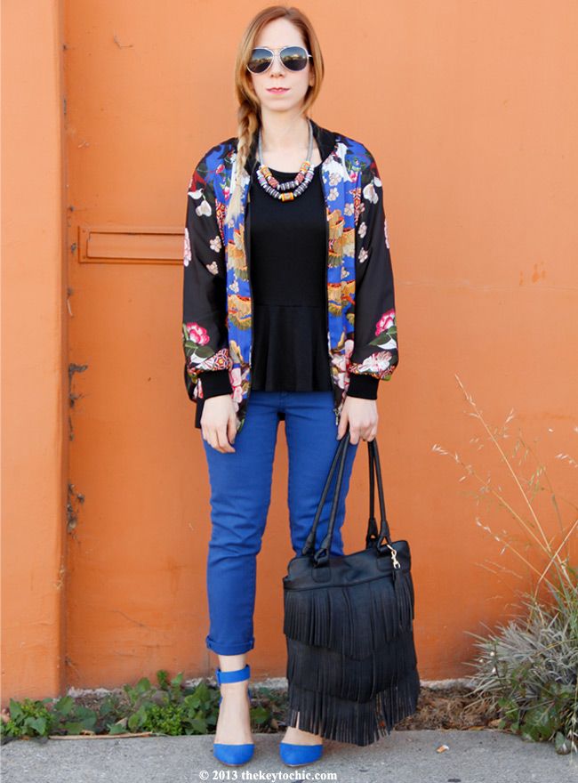 Zara Oriental bomber jacket, Joe Fresh cropped blue jeans, Mossimo fringe handbag, ankle strap heels, Los Angeles fashion blogger