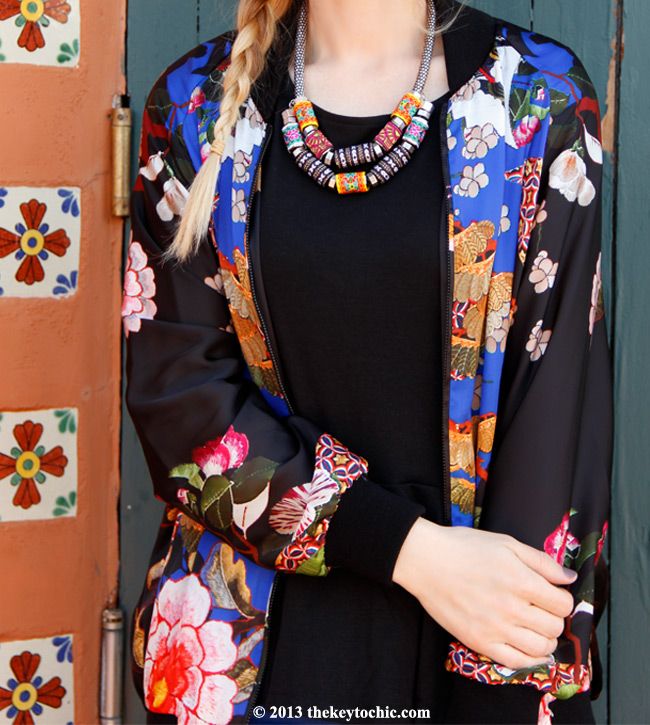 Zara Oriental bomber jacket, black peplum top