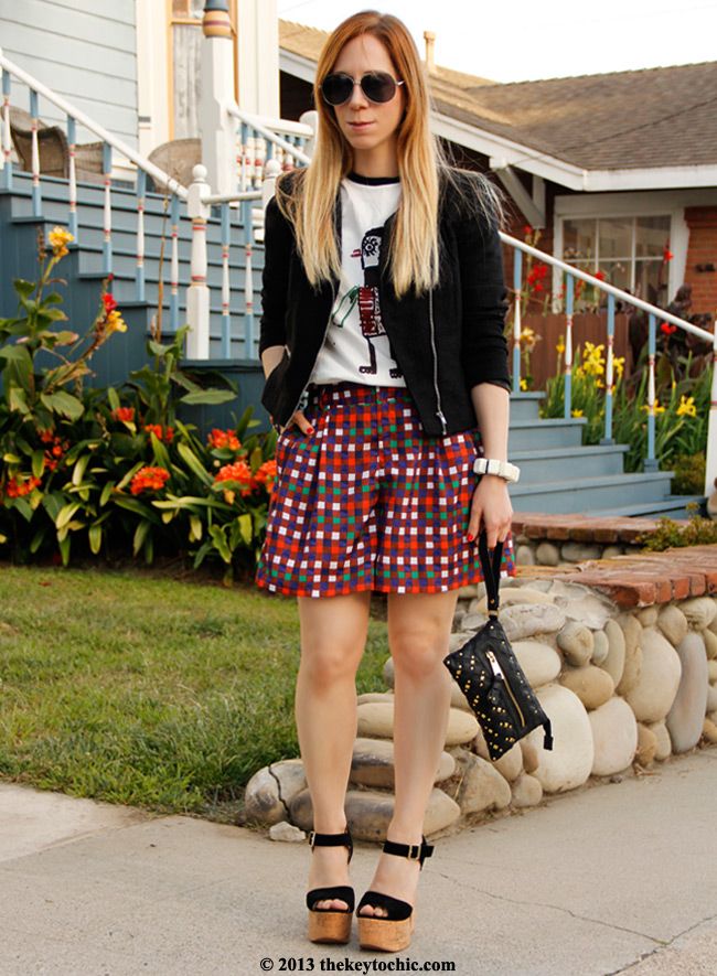 Duro Olowu for JCPenney plaid shorts, Marni at H&M T-shirt, Los Angeles fashion blog, Luichiny Ver Mont heels, H&M tweed blazer