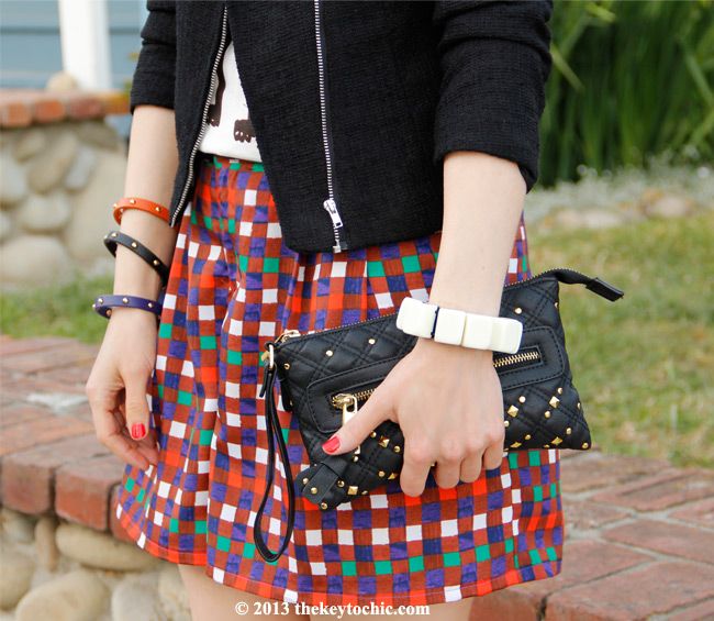 Duro Olowu for JCPenney plaid shorts, studded clutch, Marni at H&M T-shirt, Los Angeles fashion blog, H&M black cropped tweed blazer