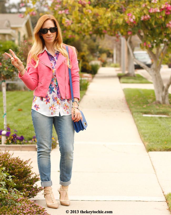 Boohoo Lexie studded kitten heels, Mossimo cropped jeans, Mossimo floral sleeveless blouse, H&M tweed blazer, L.A. fashion blog