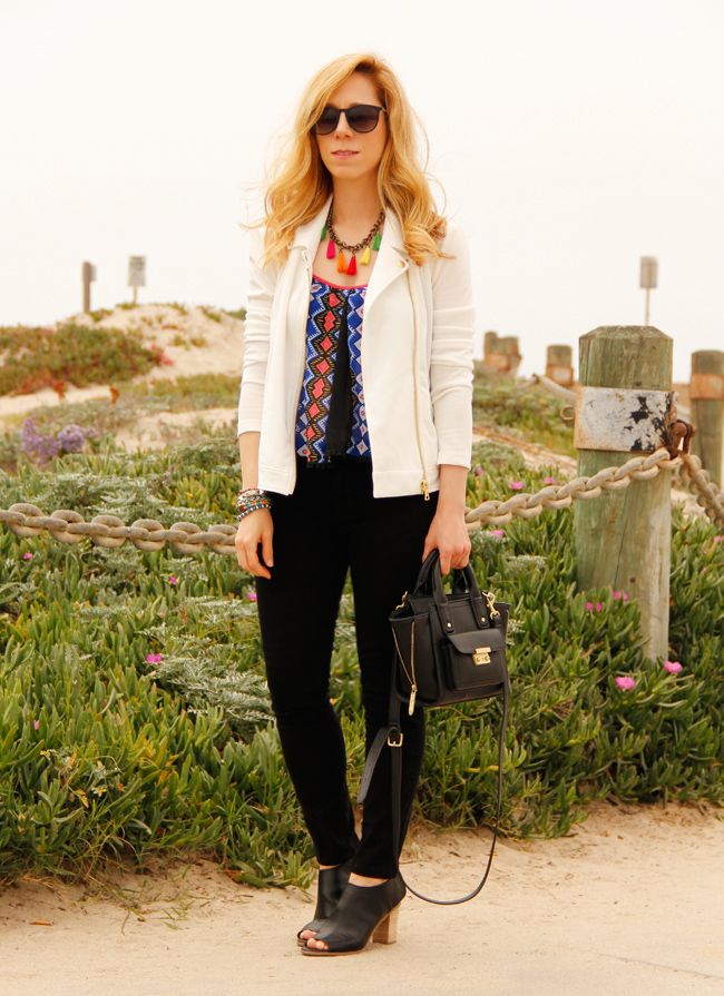 LA fashion blogger The Key To Chic wears a Peter Som for Kohl's moto jacket, Xhilaration world print tribal top, J Brand Jeans, and Mossimo Kacie boots