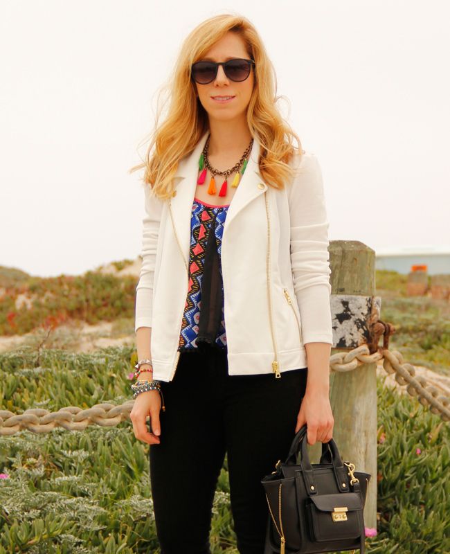 LA fashion blogger The Key To Chic wears a Peter Som for Kohl's moto jacket, Xhilaration tribal top, J Brand Jeans, and Mossimo Kacie boots