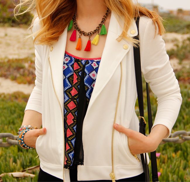 LA fashion blogger The Key To Chic wears a Peter Som for Kohl's moto jacket, Xhilaration tribal top, and J Brand Jeans