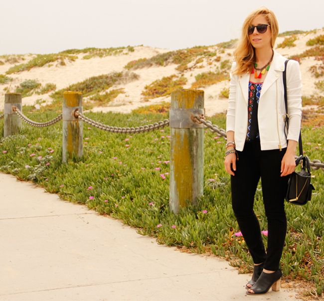 LA fashion blogger The Key To Chic wears a Peter Som for Kohl's moto jacket, Xhilaration tribal top, J Brand Jeans, and Mossimo Kacie boots