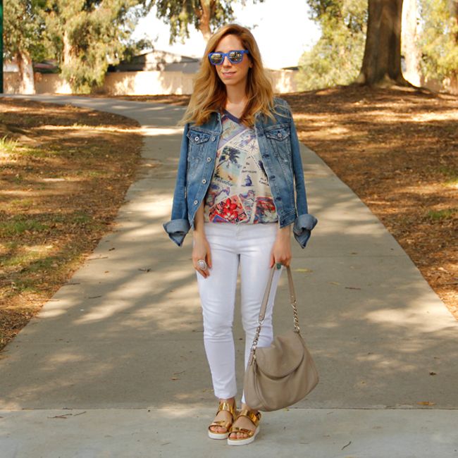 LA fashion blogger The Key To Chic wears an AG Jeans jacket, Peter Som for Kohl's postcard print sweatshirt, white Gap jeans, and Aldo Parramore sandals