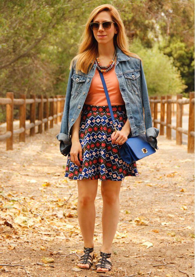 LA fashion blogger The Key To Chic wears a Target Style world printed skirt with AG Jeans Robyn denim jacket and Naturalizer gladiator sandals