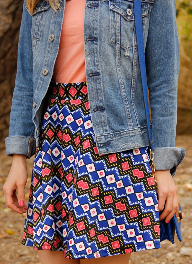Xhilaration tribal world print mini skirt from Target with AG Jeans Robyn denim jacket