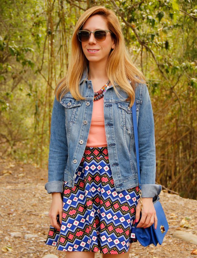 LA fashion blogger The Key To Chic wears a Target Style world printed skirt with Ray Ban Clubmaster sunglasses, AG Jeans Robyn denim jacket and a blue Merona crossbody bag
