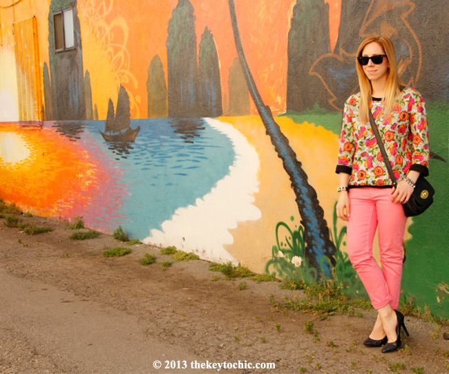 Zara quilted floral top, Cheap Monday pink skinny jeans, Mossimo glitter pumps, L.A. fashion blog