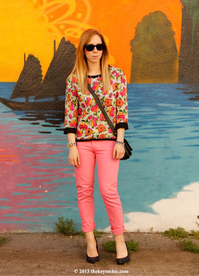 Zara quilted floral top, Cheap Monday pink skinny jeans, Mossimo glitter pumps, L.A. fashion blog