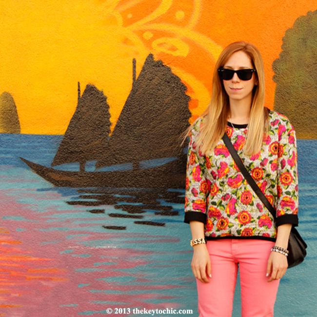 Zara quilted floral top, Cheap Monday pink skinny jeans, Mossimo glitter pumps, L.A. fashion blog