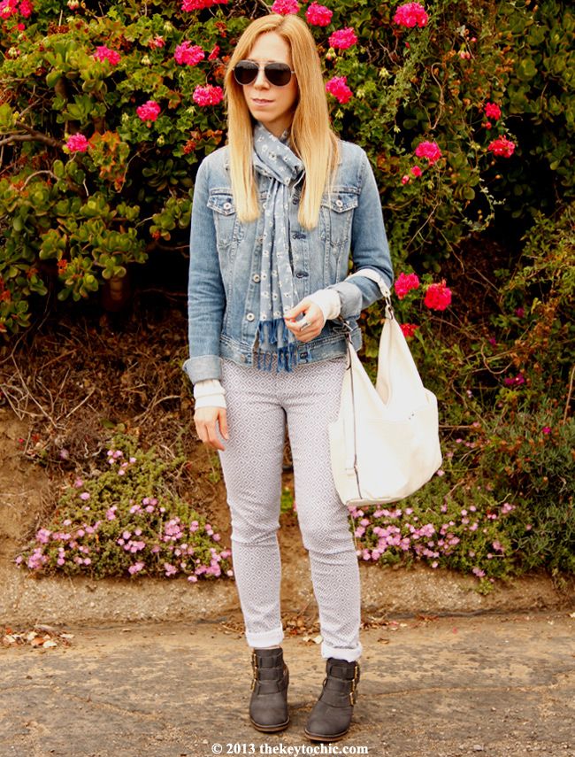 AJ jeans Robyn denim jacket, AG Jeans Liberty of London floral scarf, AG Jeans the legging ankle basket weave skinny jeans, Steve Madden Opall boots, Merona hobo bag, Los Angeles fashion blogger
