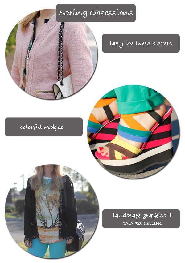 spring 2012 fashion trends, pink tweed Zara blazer, Zigi striped wedges, Motel T-shirt, J Brand twill jeans