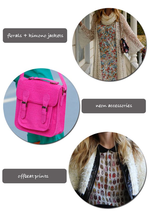 spring 2012 fashion trends, Gypsy Junkies Sissy long cardigan, fringe lace kimono, Xhilaration neon handbag, Zara bug insect print top