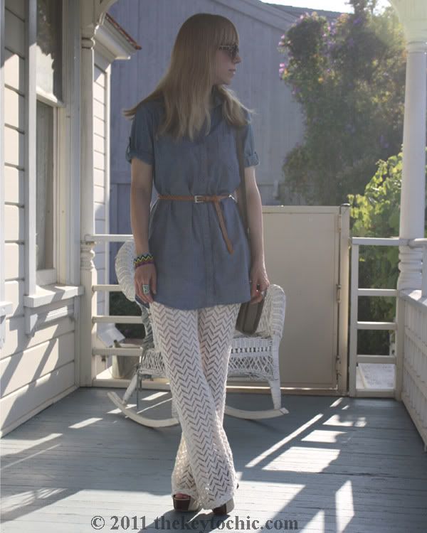 Nasty Gal crochet flare pants, chambray shirt, California fashion blog