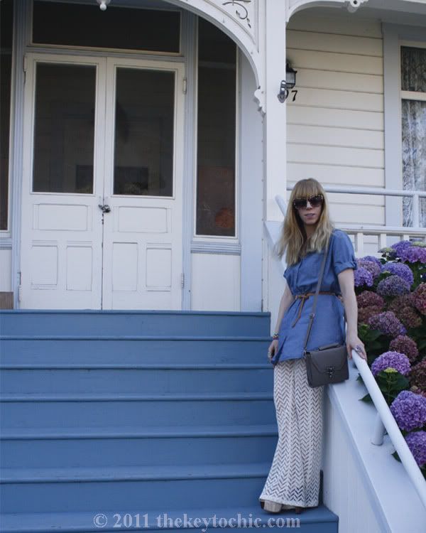 Nasty Gal crochet flare pants, chambray shirt, California fashion blog