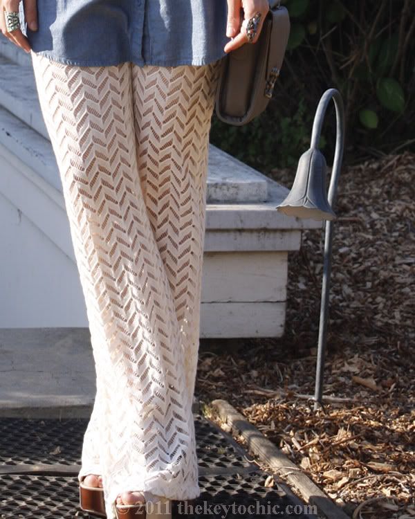 Nasty Gal crochet flare pants, chambray shirt, California fashion blog