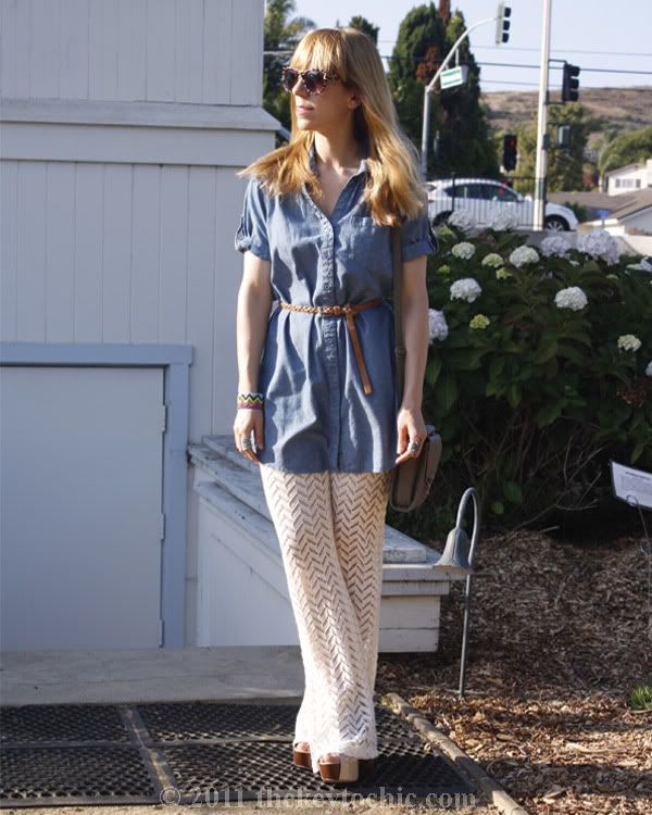 Nasty Gal crochet flare pants, chambray shirt, California fashion blog