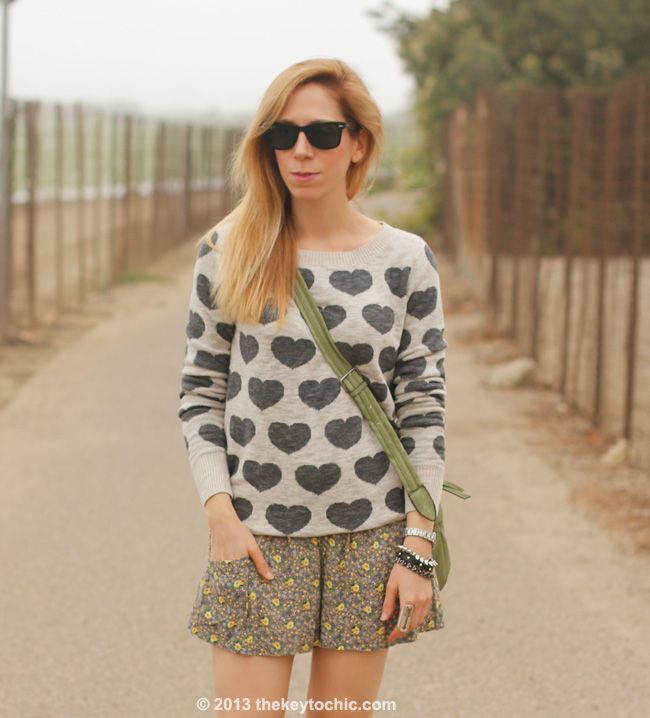 Los Angeles fashion blogger wearing Mossimo heart print sweater, floral challis shorts