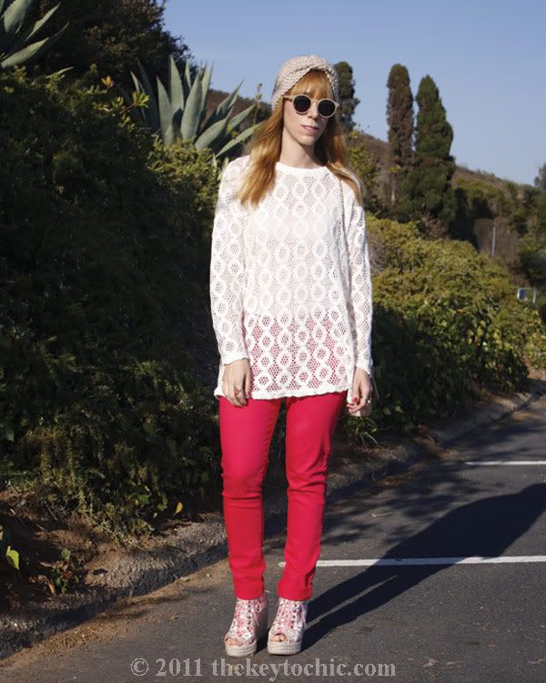 vintage crochet sweater, hot pink jeans, Ego & Greed floral Bowler boots, Aldo quilted handbag, California fashion blog