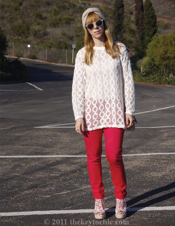 vintage crochet sweater, hot pink jeans, Ego & Greed floral Bowler boots, Aldo quilted handbag, California fashion blog