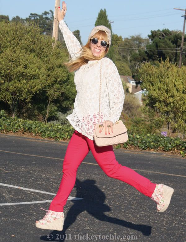 vintage crochet sweater, hot pink jeans, Ego & Greed floral Bowler boots, Aldo quilted handbag, California fashion blog