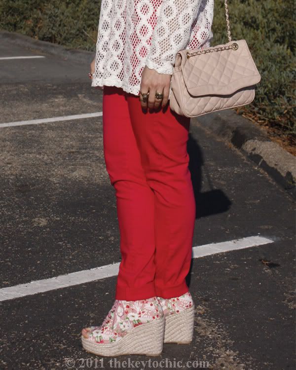 vintage crochet sweater, hot pink jeans, Ego & Greed floral Bowler boots, Aldo quilted handbag, California fashion blog