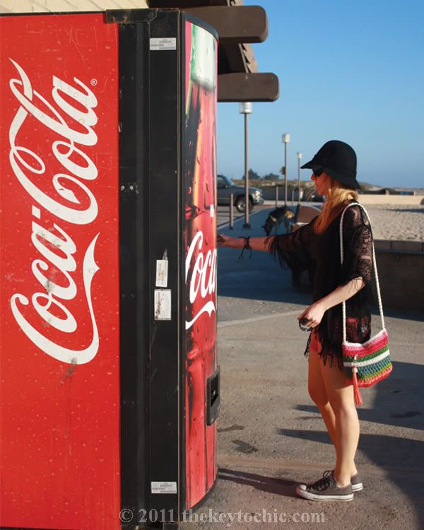 lace fringe kimono, pink cutoffs, crochet handbag, California fashion blog