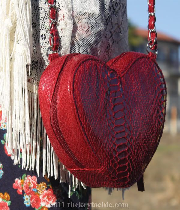 Lulu's sultry with the fringe lace top, Zara floral jumpsuit, Aldo Qualheim boots, heart-shaped handbag, southern California fashion blog