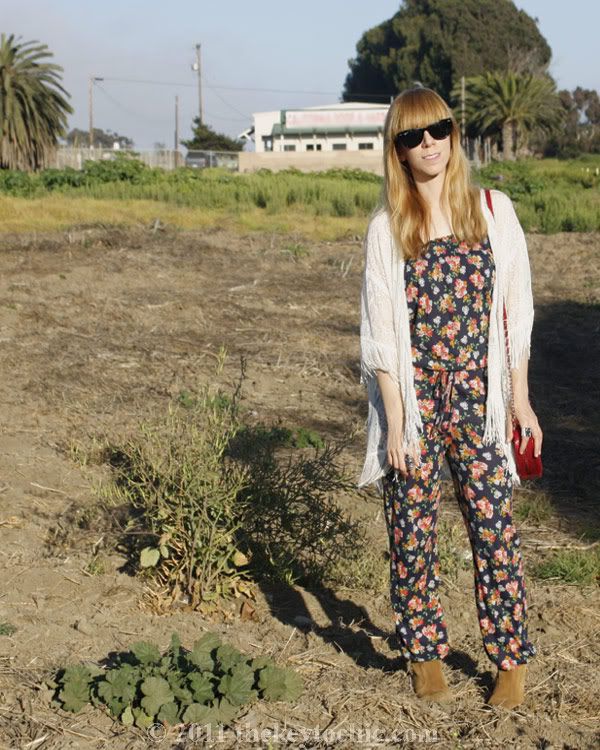 Lulu's sultry with the fringe lace top, Zara floral jumpsuit, Aldo Qualheim boots, heart-shaped handbag, southern California fashion blog
