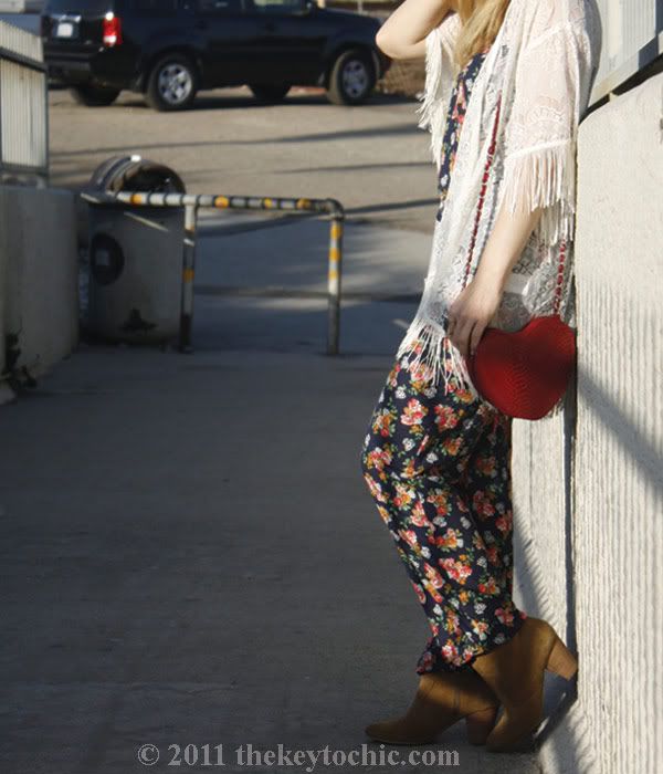 Lulu's sultry with the fringe lace top, Zara floral jumpsuit, Aldo Qualheim boots, heart-shaped handbag, southern California fashion blog