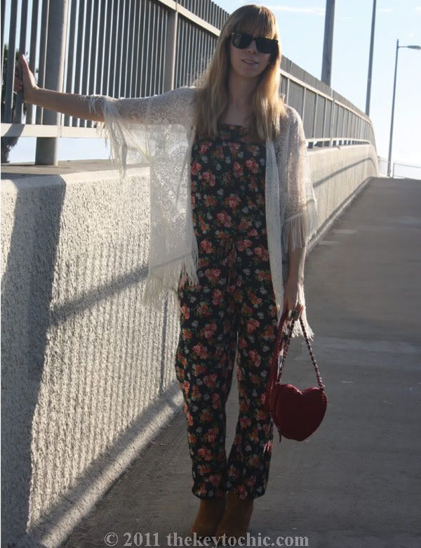 Lulu's sultry with the fringe lace top, Zara floral jumpsuit, Aldo Qualheim boots, heart-shaped handbag, southern California fashion blog
