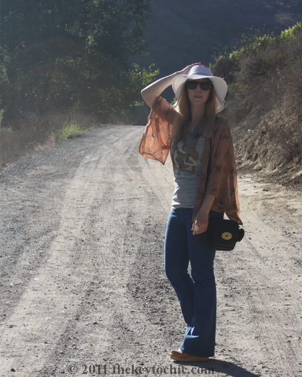 Forever 21 hummingbird kimono, flared jeans, floppy hat, Swedish Hasbeens for H&M wedges, Mulberry for Target crossbody handbag, southern California fashion blog