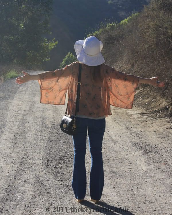 Forever 21 hummingbird kimono, flared jeans, floppy hat, Swedish Hasbeens for H&M wedges, southern California fashion blog
