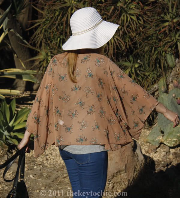 Forever 21 hummingbird kimono, flared jeans, floppy hat, Swedish Hasbeens for H&M wedges, southern California fashion blog