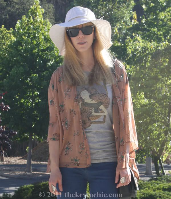 Forever 21 hummingbird kimono, flared jeans, floppy hat, Swedish Hasbeens for H&M wedges, southern California fashion blog