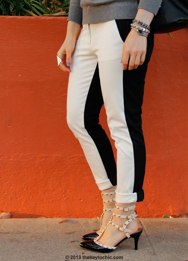 L.A. fashion blogger wearing Merona two-tone pants, Valentino Rockstud inspired heels for less, Fantas-Eyes sunglasses