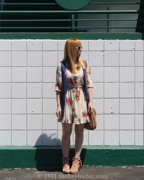 crochet fringe vest, floral dress, Sam Edelman Louie boots, Los Angeles California fashion blog