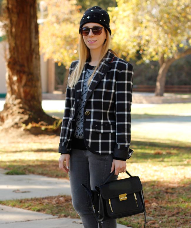 LA fashion blogger The Key To Chic wears a plaid Merona blazer and key print sweater with skinny jeans and Rag & Bone Harrow boots