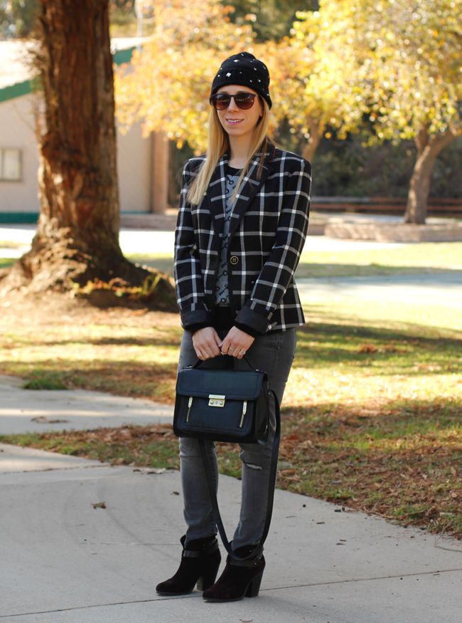 LA fashion blogger The Key To Chic wears a plaid Merona blazer and key print sweater with skinny jeans and Rag & Bone Harrow boots