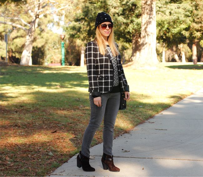 LA fashion blogger The Key To Chic wears a plaid Merona blazer and key print sweater with skinny jeans and Rag & Bone Harrow boots