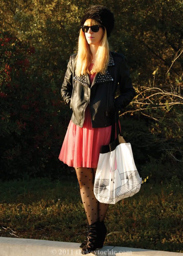 faux fur cossack, Forever 21 studded moto jacket, ballerina dress, Aldo Maune wedges, Los Angeles fashion blogger